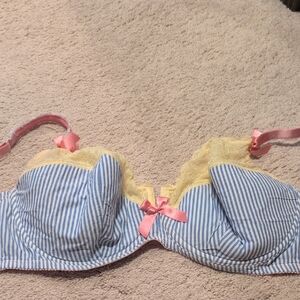 Cacique Blue and Yellow Striped Bra with Pink Lace